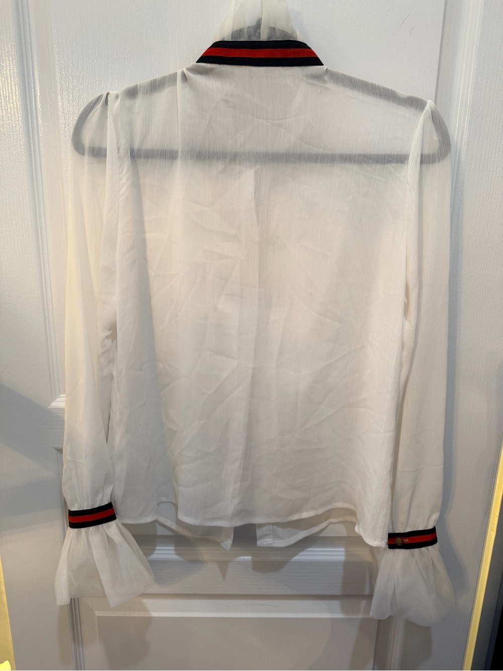 Vintage White Sheet Ruffle Blouse with Navy & Red Ribbon amazing Gold Buttons - Picture 5 of 11